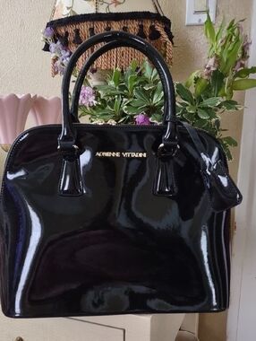 Adrienne Vittadini Glossy Black Patent City Slicker Dome Satchel Handbag